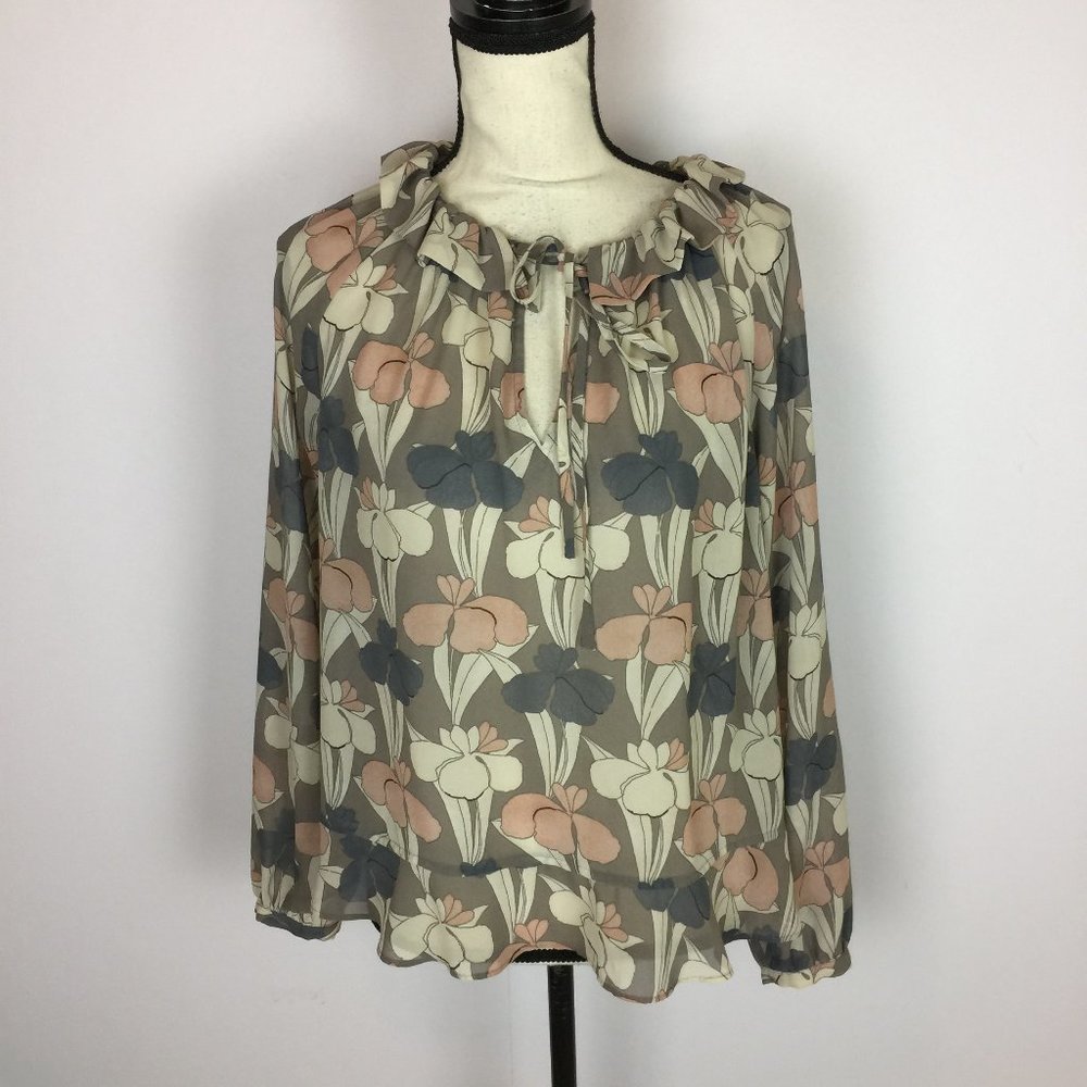 Ann Taylor Blouse Top Sz S Womans Brown Floral Long Sleeve Sheer Ruffle Tie Neck